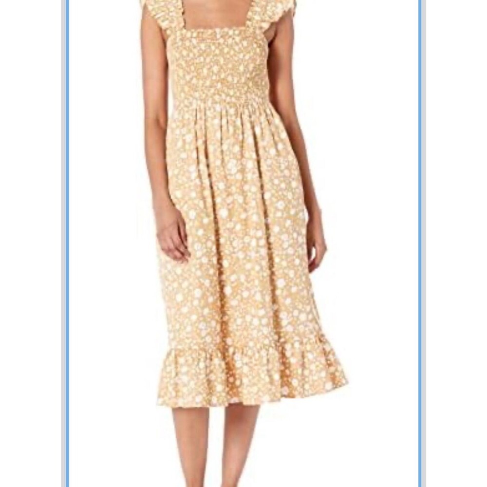 The Drop Smocked Midi Dress Floral Daisy Print Tan Size S